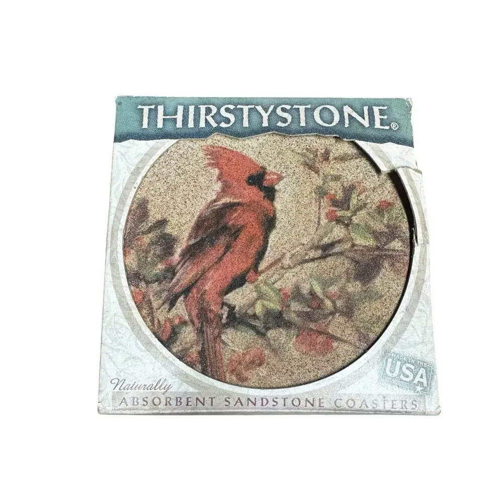 Vtg Thirstystone Set of 4 Winter Cardinal Bird Stone Coasters Cork Back Round 4